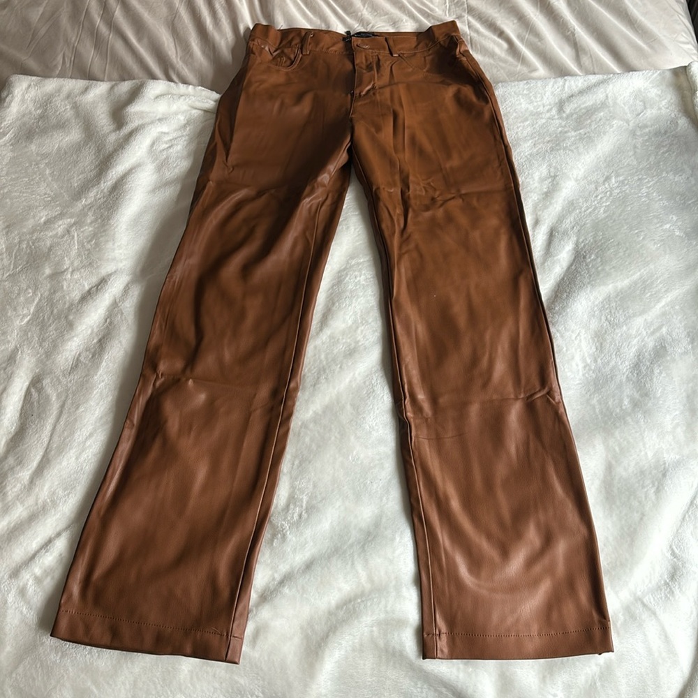 Zara Brown Leather Straight Leg Pants